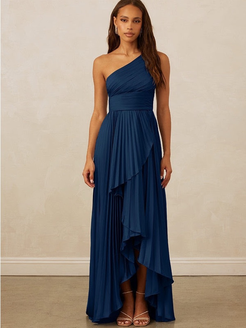 Azazie Navy One-Shoulder Pleated Ruffle Maxi Dress